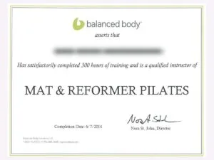 Balanced Body マット＆リフォーマーの資格証（個人名はぼかしています）