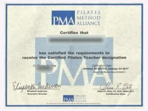 PMA 認定ピラティス指導者の資格証（個人名はぼかしています）