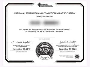 NSCA-CPT（パーソナルトレーナー）の資格証（個人名はぼかしています）